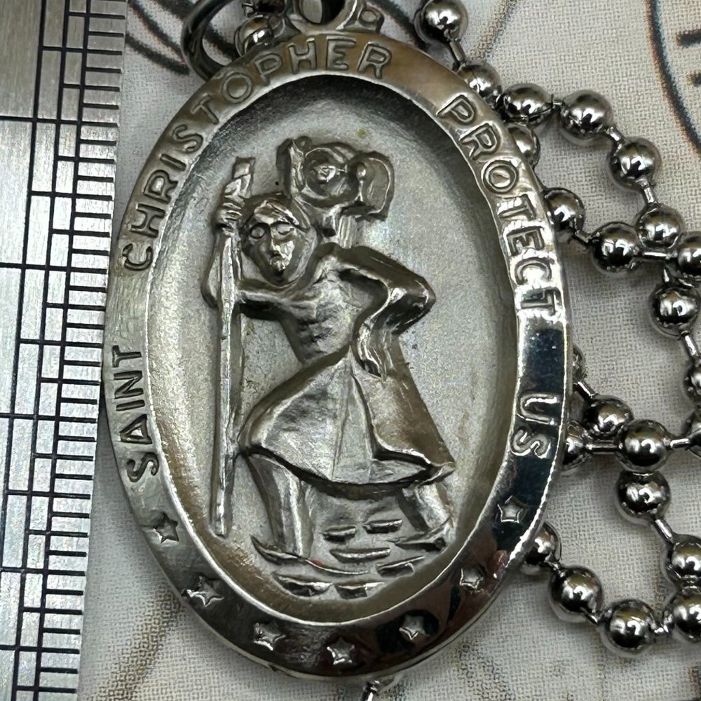St. Saint Christopher Religious Medal Charm Pendant Long Steel Chain Necklace
